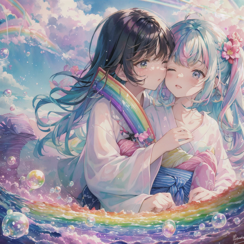 Dreamy, dreamy cute, pale, Haze, (masterpiece, Highest quality, Highest quality, watercolor (Moderate), Upper Body, kiss, Lesbian, yukata, pattern, break, (Rainbow Hair: 1.2), break, Soap bubble, Rainbow behind, cloud, colorful, Soap bubble, Spread throughout, cute, pastel, cute room, sweets, fluffy