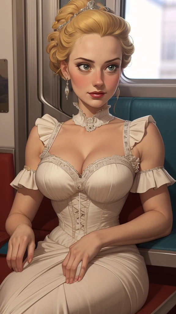 a close-up of a woman in a dress sitting on a train, uma Beautiful woman vitoriana, in victorian aristocrat, rococo queen, Senhora Vitoriana, Beautiful woman, victorian style costume, Adorable woman, gorgeous lady, like an elegant noblewoman, lindo rosto delicado, non-rococo style dress, linda Beautiful woman, Rococo style portrait, intricate victorian dress