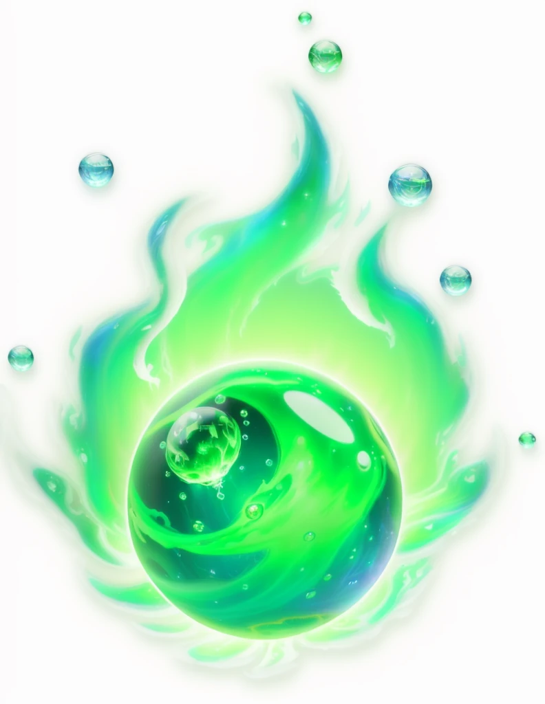 Spirit beads,Center is green,Surrounded by bubbles, Mana flows around, iridescence water elemental, Sphere of Agamemnon, holy fire spell art, Green Halo, World of Warcraft Spell Icons, Liquid glowing halo, glowing water element, Radiant slime trail, Ghost Ball, ethereal essence, Where is the art?, Aura of power. detailed