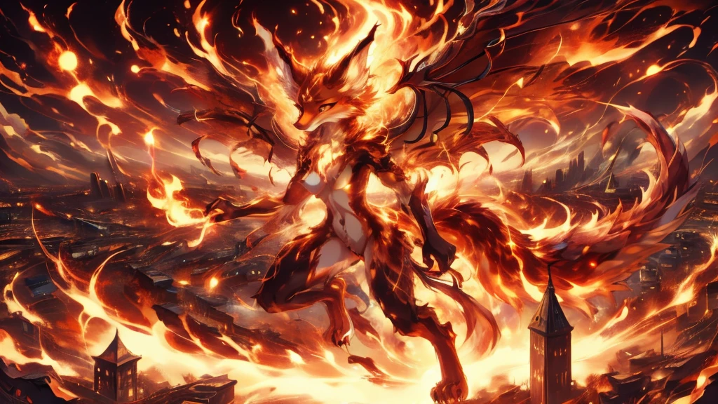 anime girl,tennage girl 18 years old, anime style, white kitsune in fire, dark aura, dark natasha art, city landscape, art by vixen aztra, full body high definition in details the best image quality, add_detail:1  kitsune in hells add_detail:1