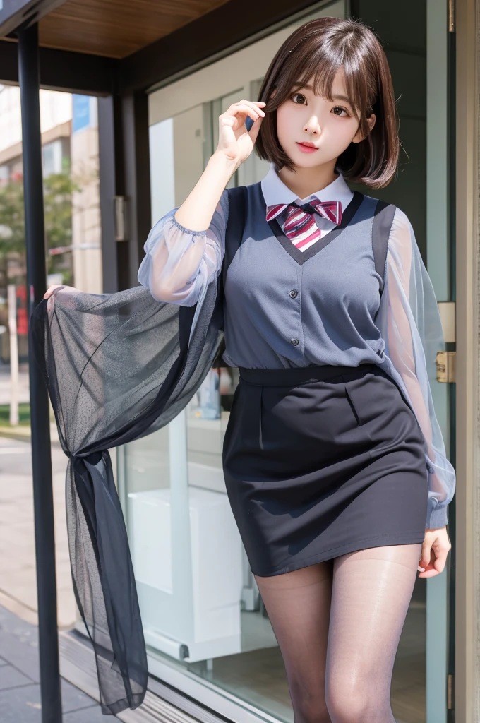 Half Up Greige Bob uniform Sheer tights South Korea cute Squirrel face Embarrassed female