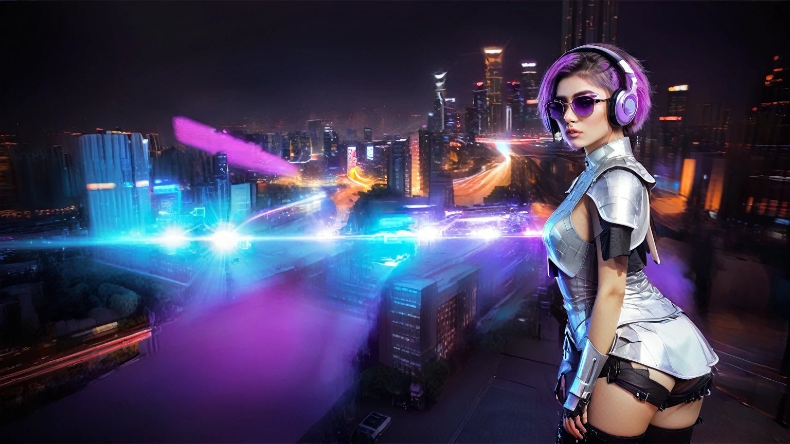 masterpiece, best quality, high resolution, 8k, (Portrait Photos:1.5), (R Original Photo), real picture, Digital Photography, (A fusion of cyberpunk and fantasy), 20 year old girl, solo, (((black sunglasses, headphone))), Feel free to hairstyle, Purple Eyes, By Bangs, (large breasts, cleavage, Accessories, Elegant and charming, Combination of cyberpunk and fantasy style clothing, Hollow carving design, Photo poses, Realistic style, (((((((pistol shooting pose))))))), oc render reflection texture, sentry, (((((aerial view of Cyberpunk style future city, 1 giant (((Chinese Terracotta Warrior))) sculpture))))), night, Bustling streets, (((((half-body (thigh level) medium shot))))).