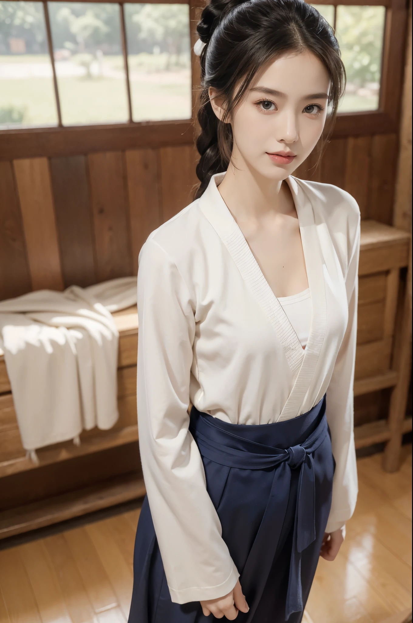 (((best quality))),(((ultra detailed))),(((masterpiece))),illustration,1girl,solo,short ponytail,slim,thin,small breasts,flat chest,white collar,white kendogi,three-quarter sleeves,cleavage,maxi navy-blue kendo hakama,slender legs,standing in kendo gym,arms behind back,focused and determined expression,ready for challenge,slender and elegant face,confident and resilient,fair skin,blush,neat teeth,bright smile,clean and tidy uniform,wooden gym floor,wall,pine scent,standard grip,ready to slice through obstacles,strong belief,determination,spirit of resilience,admiring,from front,full body,bare feet