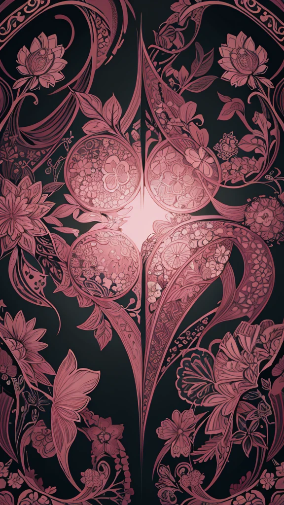 4K highest image, highest quality image showcasing a highly intricate and decorative pattern in vibrant pink against a solid black background. The design features symmetrical swirls, floral motifs, and heart shapes, arranged in a complex yet harmonious layout. Various elements such as leaves, flowers, and butterflies are interwoven throughout the pattern, creating a rich tapestry of ornate details. At the center, a prominent heart shape is filled with smaller swirling designs, surrounded by flowers and leaves that radiate outward. The repeating nature of the pattern suggests it could be used as wallpaper, fabric, or for other decorative purposes. The contrast between the bright pink and the black background enhances the visual impact, making the intricate details stand out vividly.
.