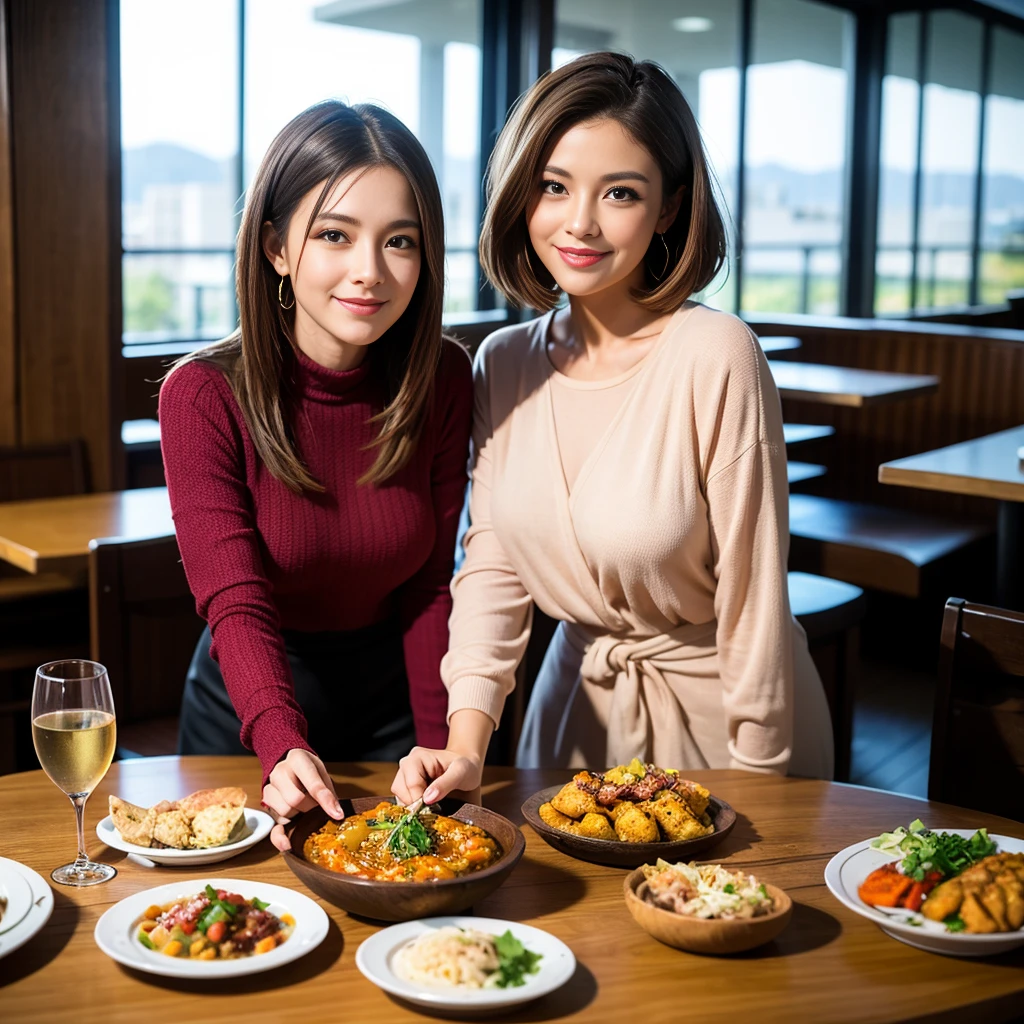 ((Highest quality、8K、masterpiece:1.3))、1 male 1 female、Slim Couple、lover、Couple、The body is slim、((Bob Hale、Straight hair:1.2)), (Realistic, Intricate details:1.2), Wine glass on a full course dinner table、Put the light on your face、 Amazing view of the sunset sky and clouds、A bright smile、The wonderfulness of smile、Bright image、The beauty of wine, Beautiful Face, blue eyes, The light shines on your face, Blushing, short hair,Bright Face、 (Age 37), 39 years old, red wine 、Appetizers、indian food、Wine bottle、champagne、sparkling wine、Two beauties、Brown Hair、Shortcuts、Long sleeve shirt、dress、Beautiful woman 1, (Slim face), (The body is slim), (Brown Hair), (Shortcuts), cheeks turn a little red,Attractive beauty、restaurant, In a prominent place (From the waist up) Nova Frog Style, actress, Model, Upper Body, White wine, slim, wine glass, A wine glass placed in the center, smile, (smile: 1.15), Beautiful fine grain, Depth f/2,saturation, High Contrast, Strong light and shadow,Moist Body:1.5、3D texture、Delicate eyes、Brown Hair、The hair is very shiny、pink