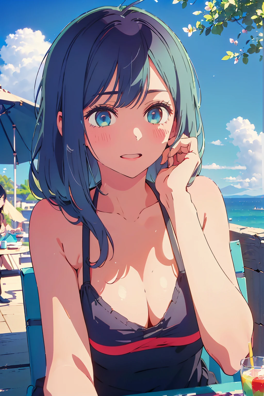 (Highest quality:1.4、masterpiece:1.4、Super detailed:1.4、8K:1.4)、F cup bust、Big Breasts、Slim body、((((1 person、Surprised expression、sit、Chair、In the background are the urban buildings of Tokyo、looking at the camera、Outdoor café terrace、coastal、Navy hair color、juice、table、Shooting up close、Very cute face))))、(Pose of putting hair behind ears with hands:1.4、Cheek resting on hand:1.4)、((nude、Areola、bikini、sunny place))、Very blue sky、A completely cloudless sky、Big eyes、((((Shallow depth of field))))、Pink Lips