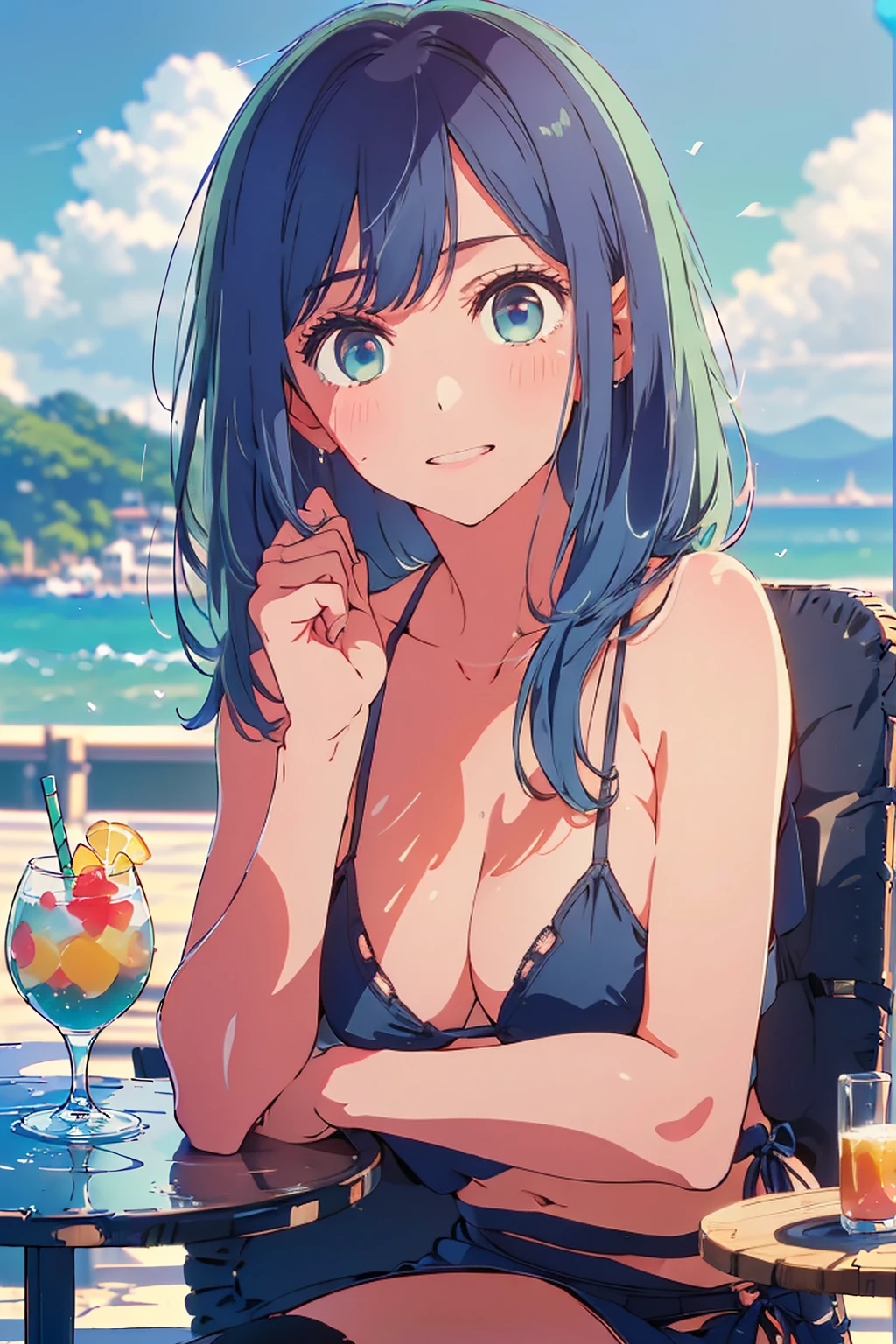 (Highest quality:1.4、masterpiece:1.4、Super detailed:1.4、8K:1.4)、F cup bust、Big Breasts、Slim body、((((1 person、Surprised expression、sit、Chair、In the background are the urban buildings of Tokyo、looking at the camera、Outdoor café terrace、coastal、Navy hair color、juice、table、Shooting up close、Very cute face))))、(Pose of putting hair behind ears with hands:1.4、Cheek resting on hand:1.4）、((nude、Areola、bikini、sunny place))、Very blue sky、A completely cloudless sky、Big eyes、((((Shallow depth of field))))、Pink Lips