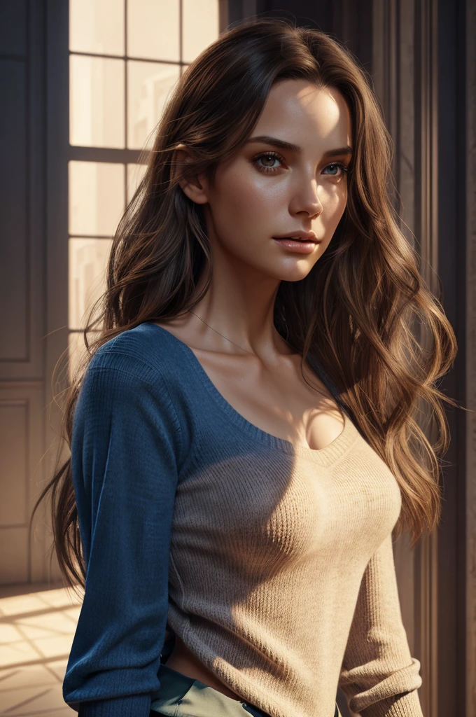 Fantasy art, photorealism, dynamic lighting, artstation, poster, volumetric lighting, very detailed faces, (official uniform: 1.4), long hair, sweater, delicate collarbone, bare shoulders, full breasts