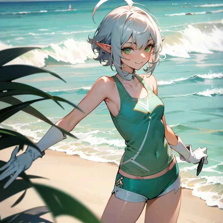 elf, silver hair,short hair, medium cut, curly hair,ahoge, green eyes,slender,fair skin,White gloves,Smile,Mediovale, smart, buzzer, buzzer coat, Ocean, Sandy Beach, Cool clothes, hot pants, Tank top