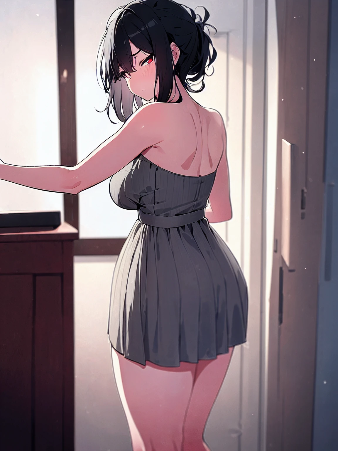 (ultra-high resolution, depth of field:1.2), solo, 1woman, milf, plump, (black hair), short messy hair, ponytail, red eyes, (medium breasts), wide hips, (tight dress), (gray dress:1.4), strapless, arm tattoo, black tattoo, squinting, serious, looking at the viewer, living room scenery, dimly lit