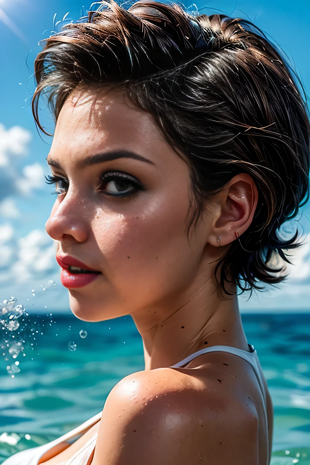 (((masterpiece, photorealistic:1.4, extremely intricate:1.3, radiosity, photon mapping, dtx, 8K))), (((((closeup decolletage, [side view:from above:0.4]), white t-shirt, smirking, [small breasts:medium breasts:0.2], short bob [blonde hair:black hair:0.2], [skin detail:freckles:0.5], red lips, (18 year old, 18 years, [supermodel:bodybuilder:0.7], tender closeup)), makeup:1.0)), outdoor submerged in ocean, waves, dark cloudy day, dim, shadows, water reflections)