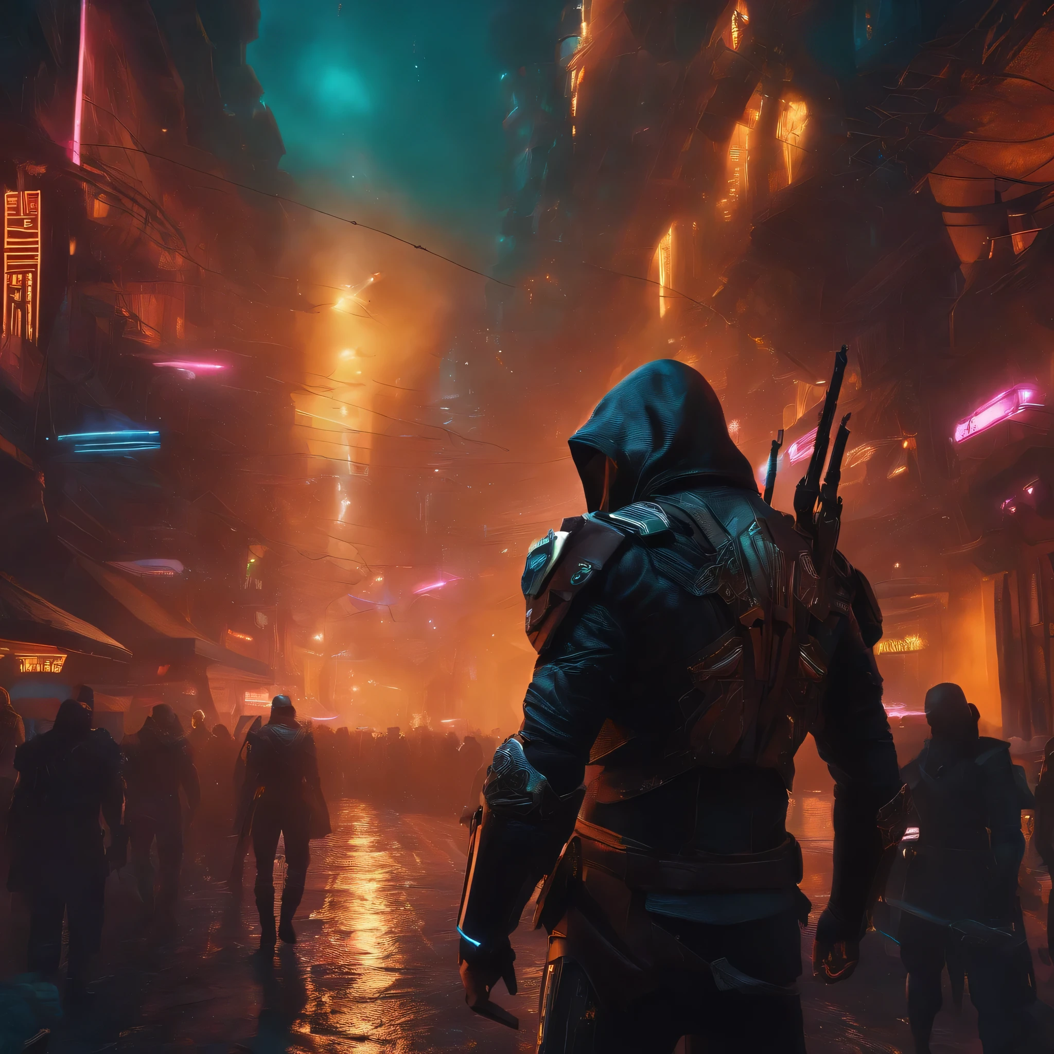 future, assassin, neopunk, crowd of enemies