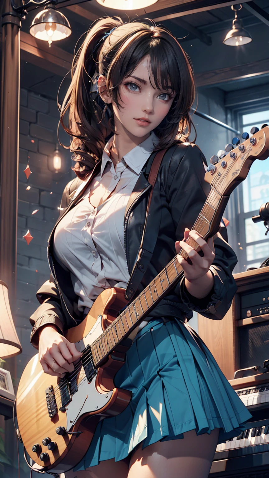 ((masterpiece, Highest quality))One girl, alone, Black Dress, blue eyes, electric guitar, guitar, Headphones, Double Ponytail, Holding, Holding plectrum, musical instrument, Long Hair, music, One side up, Turquoise Hair, Twin tails, guitarを弾く, Pleated skirt, Black Shirt, interior、Sexy proportions、Long eyelashes、eye shadow、lipstick、Sexy、erotic、Narrow waist、