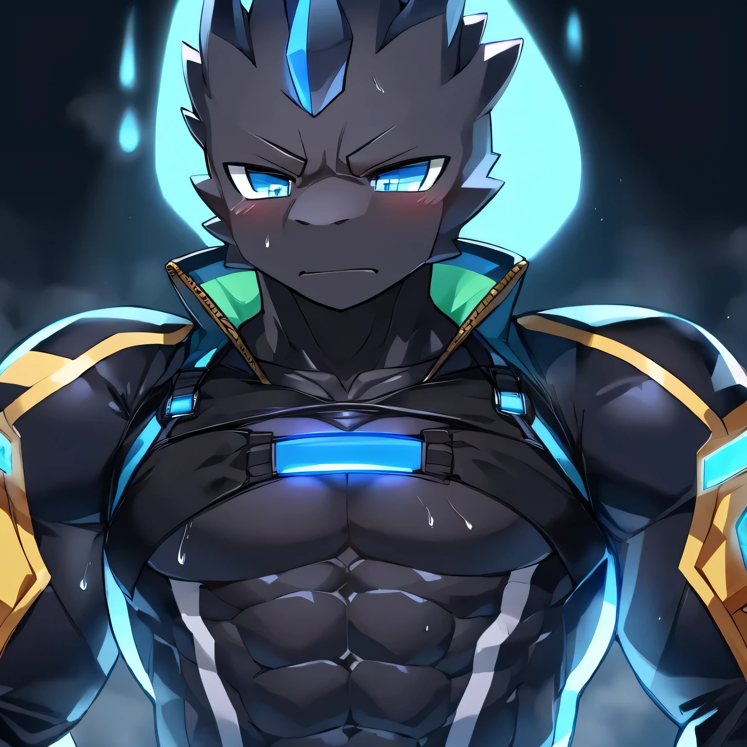 Thin macho　western black dragon　　abs　　　　　Hollow abs　　body suit　　thick arms　　　chest rig　　　、sweaty　　　skin glow　　profile　　Wearily　short of breath　　  　Chemo shota　　
have a 　blue eyes　Tired look jacket