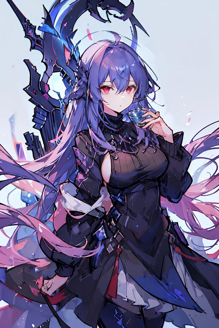 Full body, anime style illustration, composition with sword, indigo gradient hair, pink inner hair color, long vertical red mesh color in bangs as well, large L cup breasts, red right eye, blue odd eye in left eye, black and white turtleneck, simple background, only one character