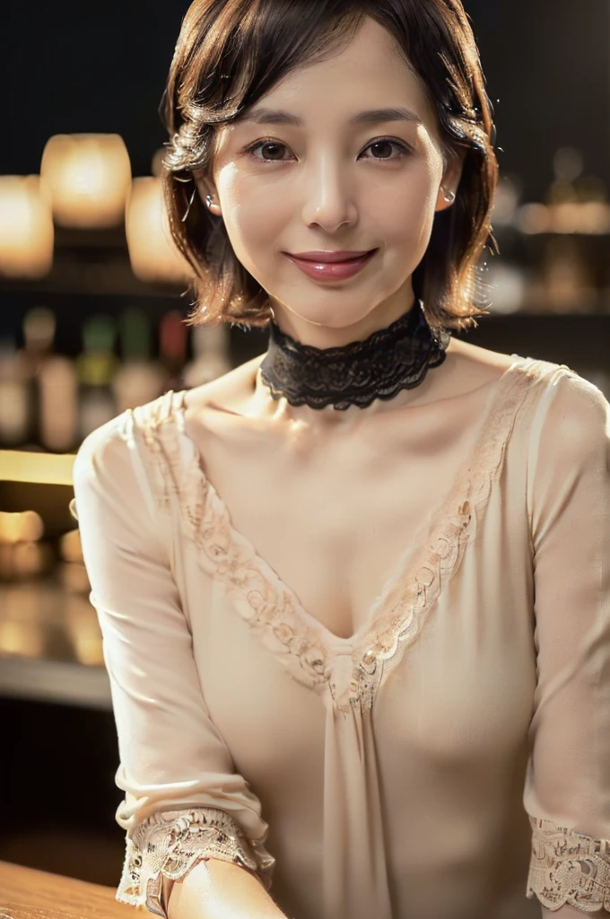 (((Ultimate Photorealistic, ultimate high-quality 32k photo))),(((American-shot photo taken from the front, looking at viewer seriously ))),(((( Seductive pose, 7 heads、Staring Intently :1.8)))),(((A simple and elegant short-sleeved business blouse made of beige lacy, extremely thin fabric with a wide V-neck., Soaking wet、She is looking straight at the camera with a very shy look on her face.。light makeup、elegant black wet middle bob。An elegant and simple beige very thin choker.:1.4)))。((Highest quality)), ((masterpiece)), (((detailed))), (midnight ,Modern hotel bar on a dark pouring stormy night, Sitting on a bar stool with her legs wide apart、 Low Key Lighting:1.6)、(((A very beautiful, extremely elegant and intelligent 42 year old Japanese woman。A feminine, curvaceous body。Beautiful line from hips to thighs、An extremely elegant, calm and modest smile, Being drunk、My eyes are extremely watery、I'm very horny、embarrassed ,blush, Curvy Body、Extremely realistic, detailed and beautiful depiction of the face, waist and thighs:1.9)))、(((The skin is white and very smooth。A very hot rainy summer night、I'm pretty sweaty、My clothes were soaked and pretty see-through.、When wet, it sticks tightly to the skin, revealing the beautiful lines of the body.、The skin is clearly visible through the extremely thin fabric.:1.9)))。(((A simple and elegant knee-length white lace business pencil skirt,The clothes fit the body very well:1.8))), ((Healthy Body、The line of the chest, collarbone and extremely beautiful and feminine décolleté are the ultimate beauty.:1.9))。(((large&good hips、large&nice chests )))