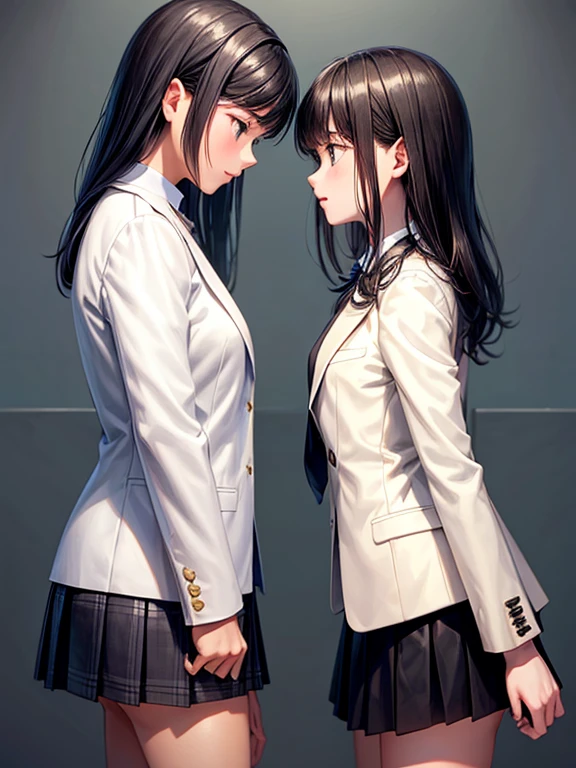 An 18-year-old female and a 12-year-old female,Black Hair,White blazer,Rubbing the other person's chest,School,Facing each other,whole body,Side angle