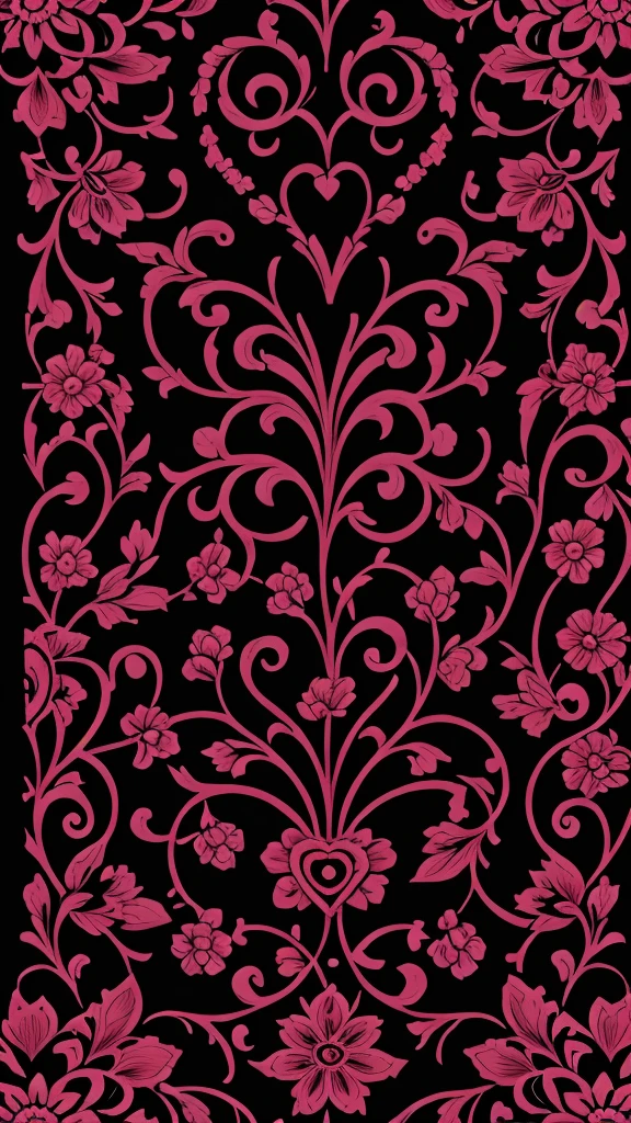 4K highest image, highest quality image showcasing a highly intricate and decorative pattern in vibrant pink against a solid black background. The design features symmetrical swirls, floral motifs, and heart shapes, arranged in a complex yet harmonious layout. Various elements such as leaves, flowers, and butterflies are interwoven throughout the pattern, creating a rich tapestry of ornate details. At the center, a prominent heart shape is filled with smaller swirling designs, surrounded by flowers and leaves that radiate outward. The repeating nature of the pattern suggests it could be used as wallpaper, fabric, or for other decorative purposes. The contrast between the bright pink and the black background enhances the visual impact, making the intricate details stand out vividly.
.