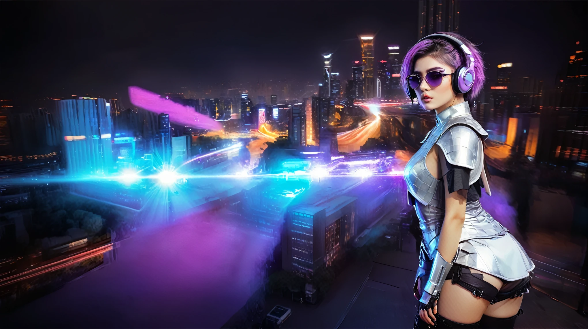masterpiece, best quality, high resolution, 8k, (Portrait Photos:1.5), (R Original Photo), real picture, Digital Photography, (A fusion of cyberpunk and fantasy), 20 year old girl, solo, (((black sunglasses, headphone))), Feel free to hairstyle, Purple Eyes, By Bangs, (large breasts, cleavage, Accessories, Elegant and charming, Combination of cyberpunk and fantasy style clothing, Hollow carving design, Photo poses, Realistic style, (((((((pistol shooting pose))))))), oc render reflection texture, sentry, (((((aerial view of Cyberpunk style future city, 1 giant (((Chinese Terracotta Warrior))) sculpture))))), night, Bustling streets, (((((half-body (thigh level) medium shot))))).