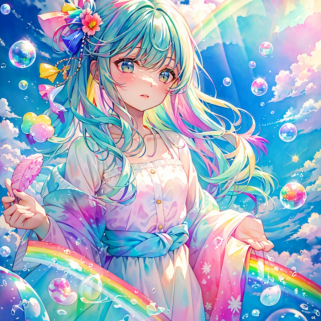 Dreamy, dreamy cute, pale, Haze, (masterpiece, Highest quality, Highest quality, watercolor (Moderate), Upper Body, the cut, pattern, break, (Rainbow Hair: 1.2), break, Soap bubble, Rainbow behind, cloud, colorful, Soap bubble, Spread throughout, cute, pastel, cute room, sweets, fluffy