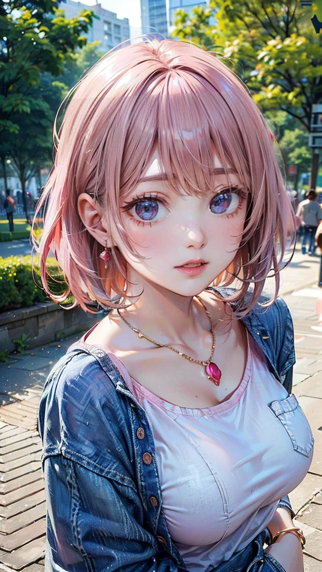 (Masterpiece, BestQuality:1.3), (ultra detailed:1.2), (hyperrealistic:1.3), (RAW photo:1.2), High detail RAW color photo, professional photograph, (Photorealistic:1.4), (realistic:1.4), (Pink Hair:1.5), professional lighting, perfect anatomy, (:1.2), (blush, detailed face), (cheerful Smile:1.5), Trending Hair&Trending Hairカラーをランダムに, earrings, necklace, bracelet, sexly, erotsexly,  sexy gure poses, (A an in casual jeans and a T-shirt in the park、Smiling and looking at the camera。With short hair、You have one hand in your pocket。: 1.3)
