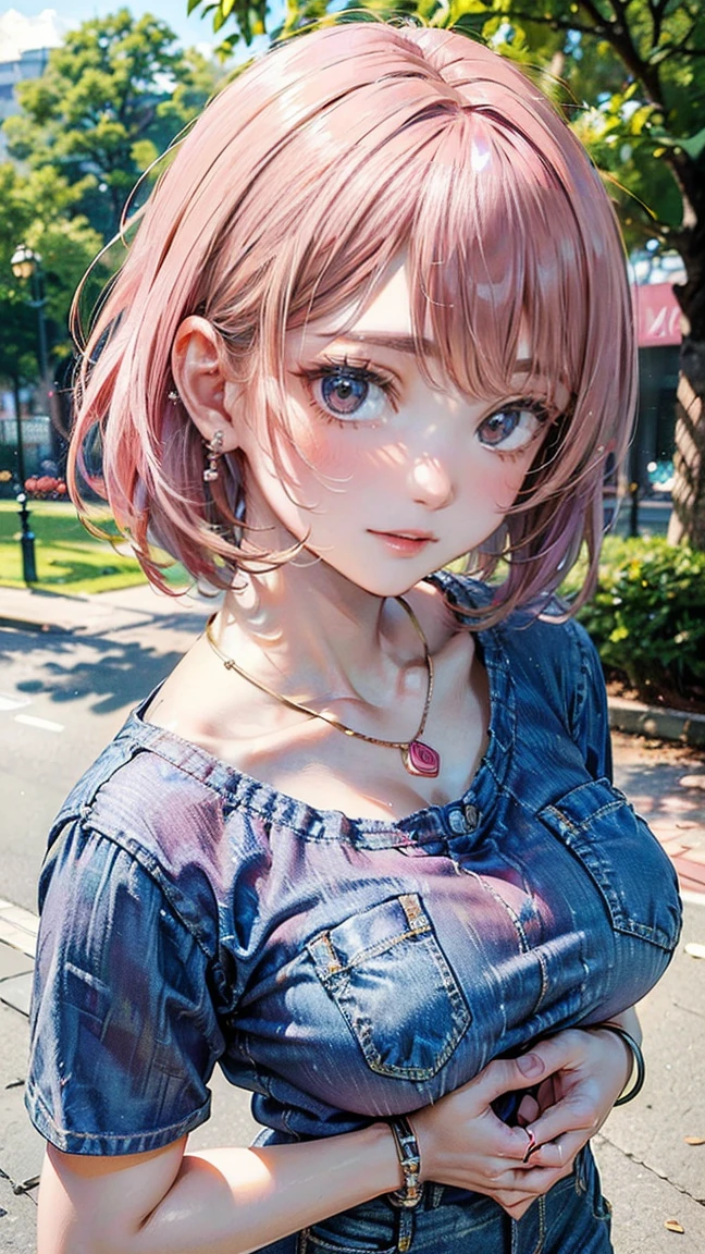 (Masterpiece, BestQuality:1.3), (ultra detailed:1.2), (hyperrealistic:1.3), (RAW photo:1.2), High detail RAW color photo, professional photograph, (Photorealistic:1.4), (realistic:1.4), (Pink Hair:1.5), professional lighting, perfect anatomy, (Big Breasts:1.2), (blush, detailed face), (cheerful Smile:1.5), Trending Hair&Trending Hairカラーをランダムに, earrings, necklace, bracelet, sexly, erotic sexly, Random sexy gravure poses, (A woman in casual jeans and a T-shirt in the park、Smiling and looking at the camera。With short hair、You have one hand in your pocket。: 1.3)