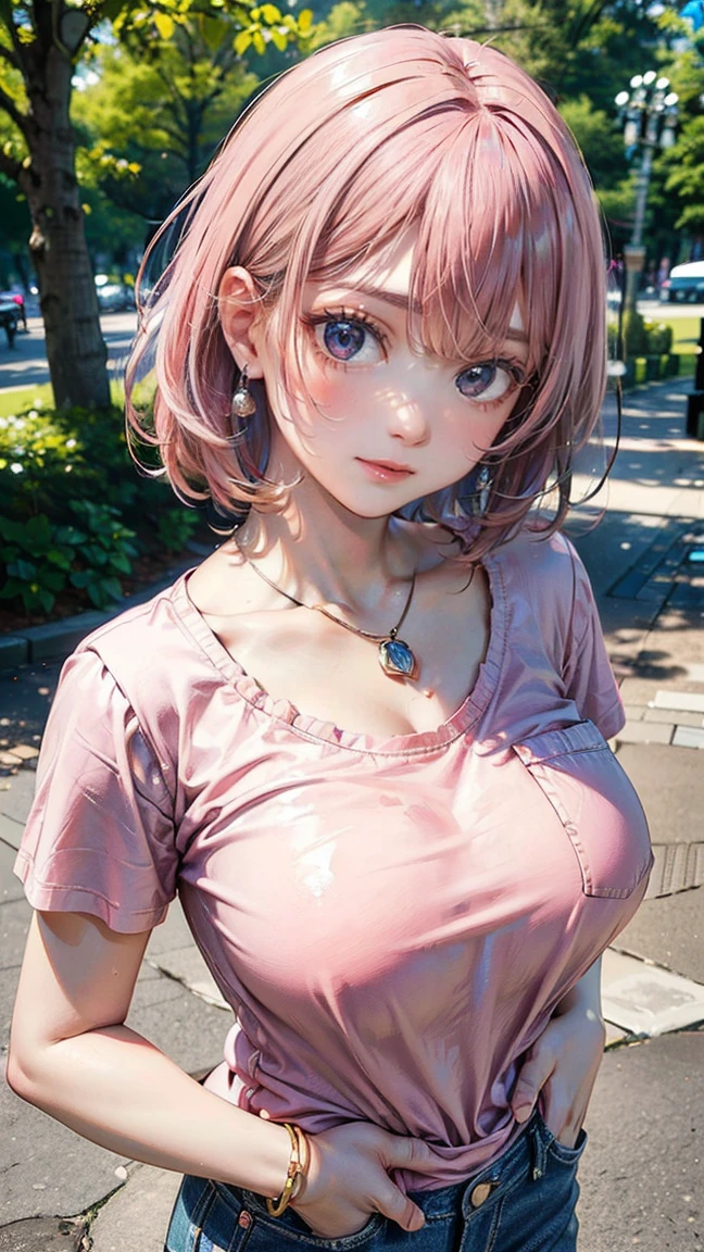(Masterpiece, BestQuality:1.3), (ultra detailed:1.2), (hyperrealistic:1.3), (RAW photo:1.2), High detail RAW color photo, professional photograph, (Photorealistic:1.4), (realistic:1.4), (Pink Hair:1.5), professional lighting, perfect anatomy, (Big Breasts:1.2), (blush, detailed face), (cheerful Smile:1.5), Trending Hair&Trending Hairカラーをランダムに, earrings, necklace, bracelet, sexly, erotic sexly, Random sexy gravure poses, (A woman in casual jeans and a T-shirt in the park、Smiling and looking at the camera。With short hair、You have one hand in your pocket。: 1.3)