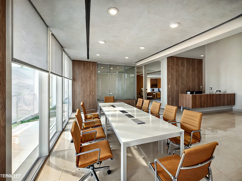 Modern style meeting room design, daylight, ceramic tile floor, WHITE WALLS, corrugated plastic walls, 1 frame 1.8 glass wall, 1.2 glass curtain wall, 1 conference table with 12 chairs, 1 row of flowers on the table, Flat white painted ceiling 1.2, 2 LED rail lights 1.3, 1 corner table, sharp images, realistic lighting, luxurious feel, extremely detailed