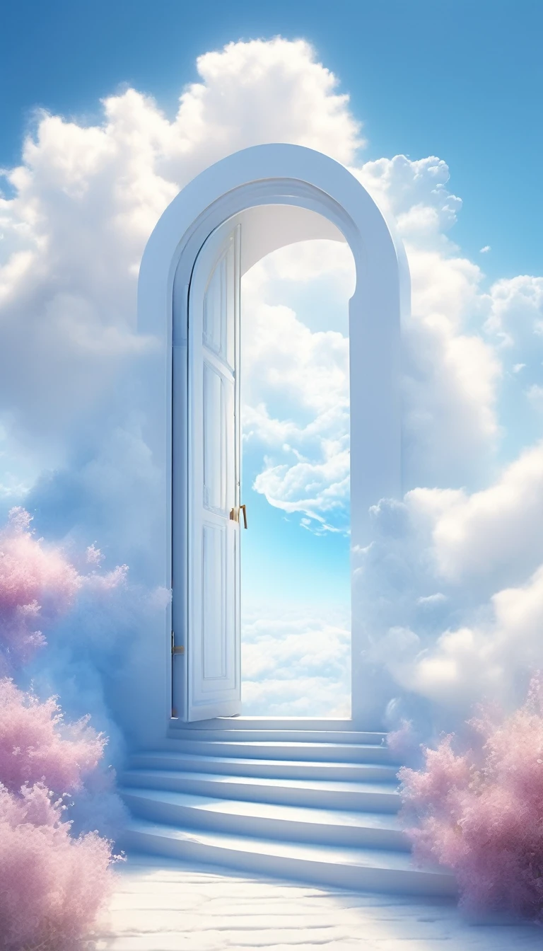 a beautiful ethereal landscape, Door，a white cloud staircase leading up into a serene blue sky, Fluffy soft white clouds, Like a dream, Fantastic, (best quality,4K,8K,high resolution,masterpiece:1.2),Extremely detailed,(Practical,photoPractical,photo-Practical:1.37),landscape,fantasy,Dramatic Lighting,Vibrant colors,serene,calm的,calm,Ethereal atmosphere