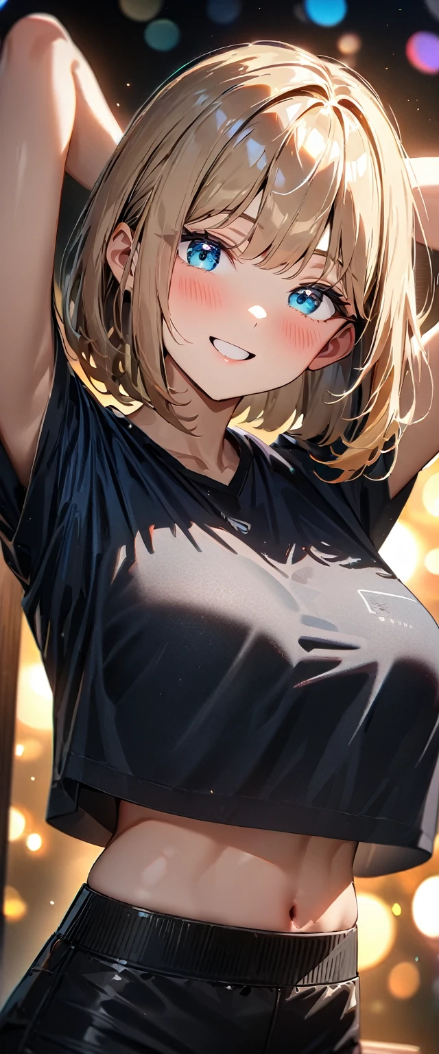 (((One girl))), blond hair, bob cut, ???????????, (cowboy shot), (looking at viewer), ((black shorts)), ((black crop top overhang)), face in focus, teenager, head tilt:1.3, (((blue eye))), ((happy smile)), ((blush)), arched back, ((arms up)), anime style, (best quality, 4k, 8k, highres, masterpiece:1.2, ultra-detailed, ultra-detailed eyes, HDR, UHD, studio lighting, ultra-fine painting, sharp focus, physically-based rendering, extreme detail description, professional, vivid colors, bokeh)