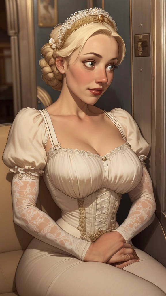 a close-up of a woman in a dress sitting on a train, uma Beautiful woman vitoriana, in victorian aristocrat, rococo queen, Senhora Vitoriana, Beautiful woman, victorian style costume, Adorable woman, gorgeous lady, like an elegant noblewoman, lindo rosto delicado, non-rococo style dress, linda Beautiful woman, Rococo style portrait, intricate victorian dress