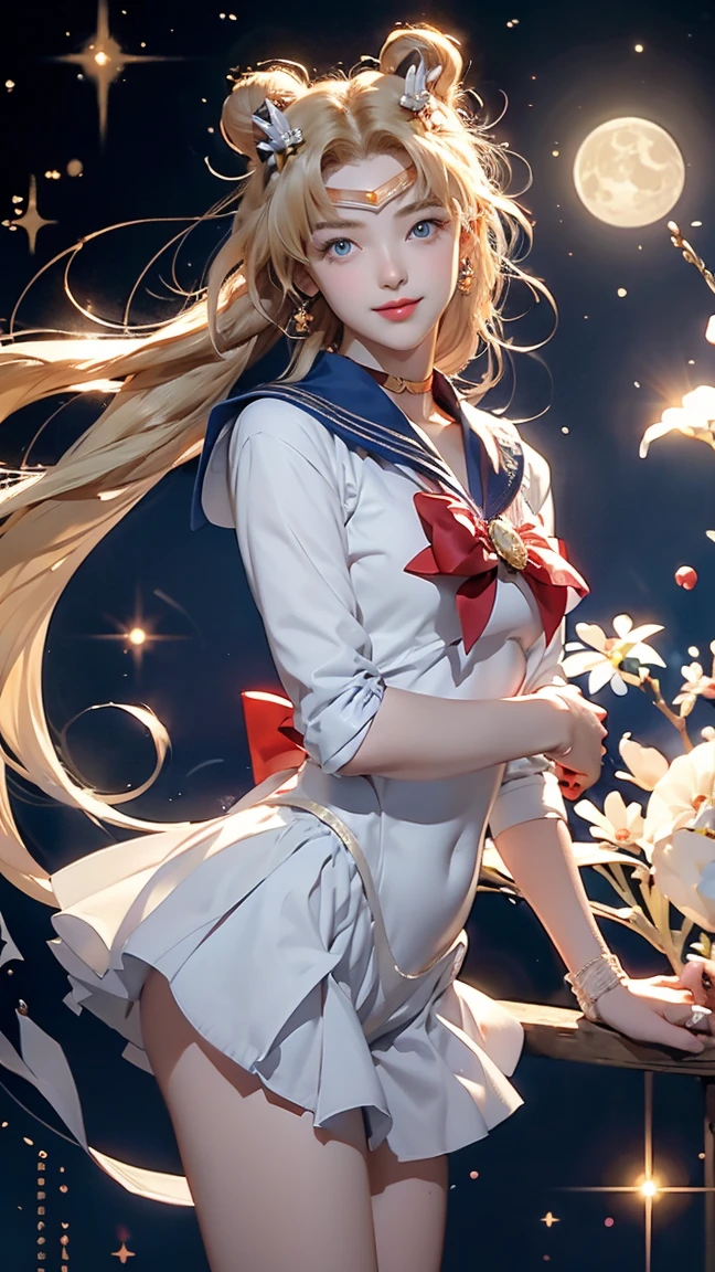 Sailor Moon, 1 girl, blue eyes, Long blond hair, Sailor Suit, moon tiara, Holding the Moon Stick, standing on the moon, earth in background, space, Star, Confident smile.