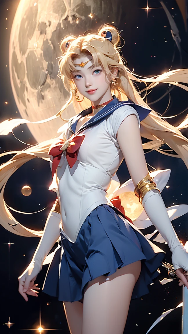 Sailor Moon, 1 girl, blue eyes, Long blond hair, Sailor Suit, moon tiara, Holding the Moon Stick, standing on the moon, earth in background, space, Star, Confident smile.