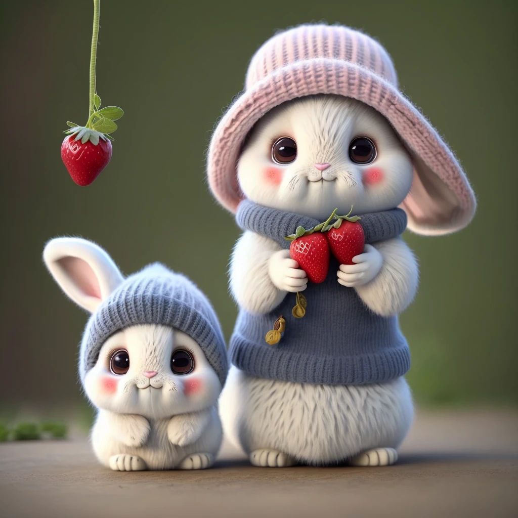 : 3. Rabbit, realistic, hairy, dressed beast, apple, dark circles, blush, cherry, food, fruit, whole body, hat, non-human, strawberry, tomato, watermelon