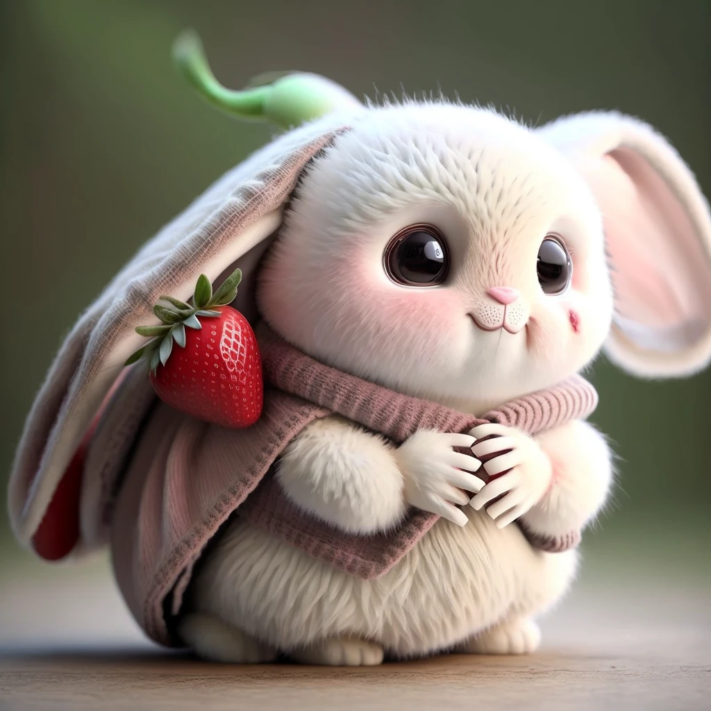 : 3. Rabbit, realistic, hairy, dressed beast, apple, dark circles, blush, cherry, food, fruit, whole body, hat, non-human, strawberry, tomato, watermelon