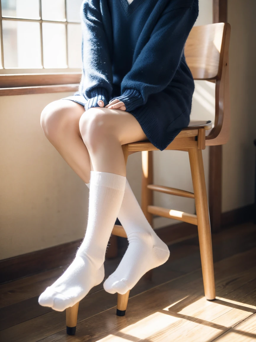 Graceful young Japanese woman,sitting chair,,no hands,focus on joints/connections,Short navy blue socks,nogizaka46, close-up shot of feet,only feet photo,feminine charm,high resolution,sun light,sunny day