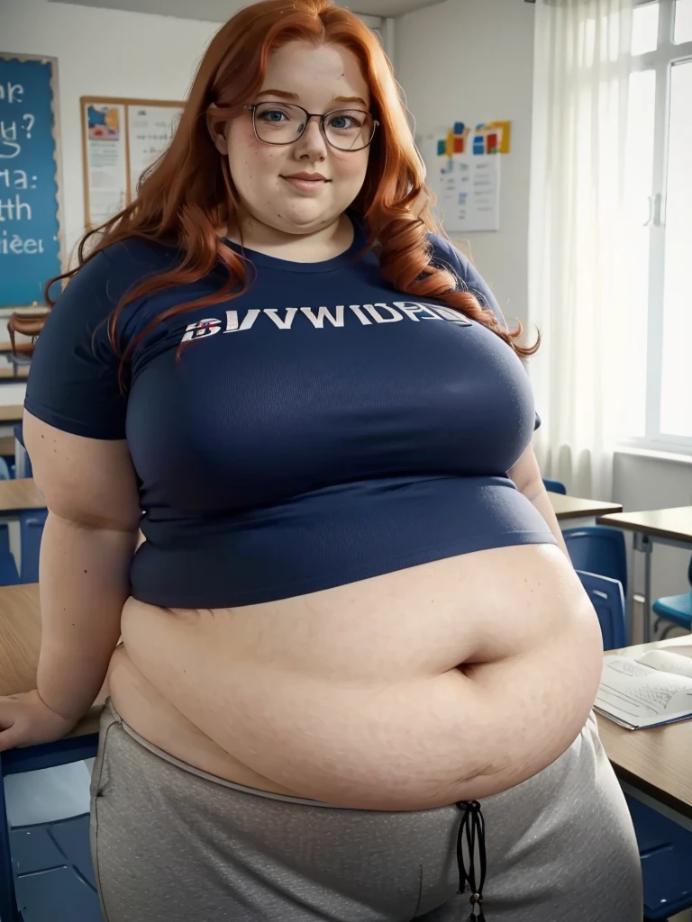 A sideways photo of a young cute nerdy redhead bbw student with long wavy ginger hair soft fat belly, wide fat obese hips, thick fat legs and fat arms, cute pretty face, small breasts, blue eyes, freckles, in nerdy tight shirt and trousers in a classroom