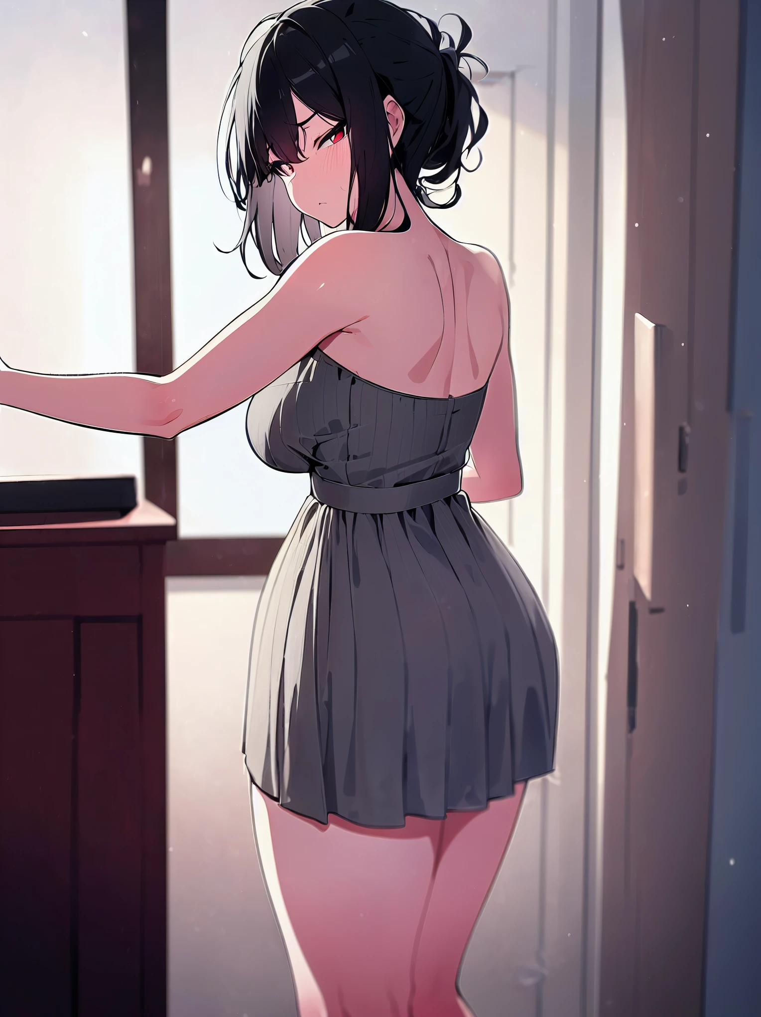 (ultra-high resolution, depth of field:1.2), solo, 1woman, milf, plump, (black hair), short messy hair, ponytail, red eyes, (medium breasts), wide hips, (tight dress), (gray dress:1.4), strapless, arm tattoo, black tattoo, squinting, serious, looking at the viewer, living room scenery, dimly lit