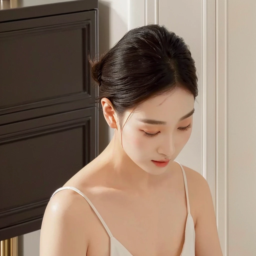 A lady is cutting a cake with a knife, side view, short hair, side view, Korean woman, Shin Min-jung, 28 years old, 29 years old, Cui Xianhua, Cai Zhiyun, Lee Ji-eun, Lee Ji-eun, elegant side pose, 3 6 years old