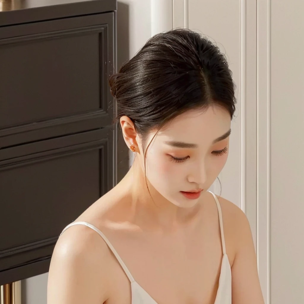 A lady is cutting a cake with a knife, side view, short hair, side view, Korean woman, Shin Min-jung, 28 years old, 29 years old, Cui Xianhua, Cai Zhiyun, Lee Ji-eun, Lee Ji-eun, elegant side pose, 3