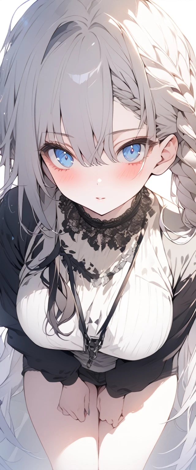 beautiful, masterpiece, Highest quality, anime, One girl, C Cup,Portrait Shot, View your viewers, Covered、Long Hair、nearby、Blue Eyes、art、、White hair,black streaked hair, dark atmosphere、Thighs、Braid、Torn_Casual clothes、