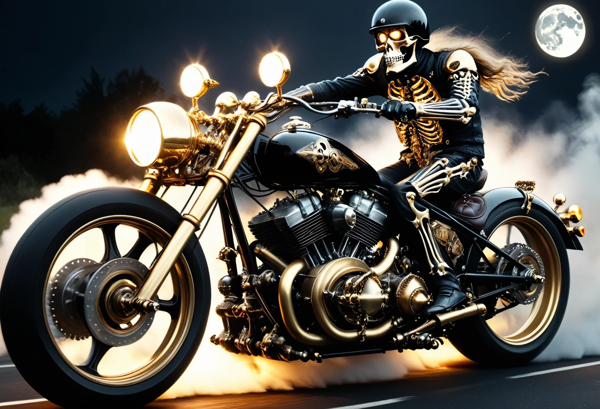 photorealistic, detailed digital illustration of a steampunknoireai Enduro style motorcycle, skeleton with diamond gear riding the bike, burnout with flames on the road, at night, black and gold full moon superrealism, science fiction,