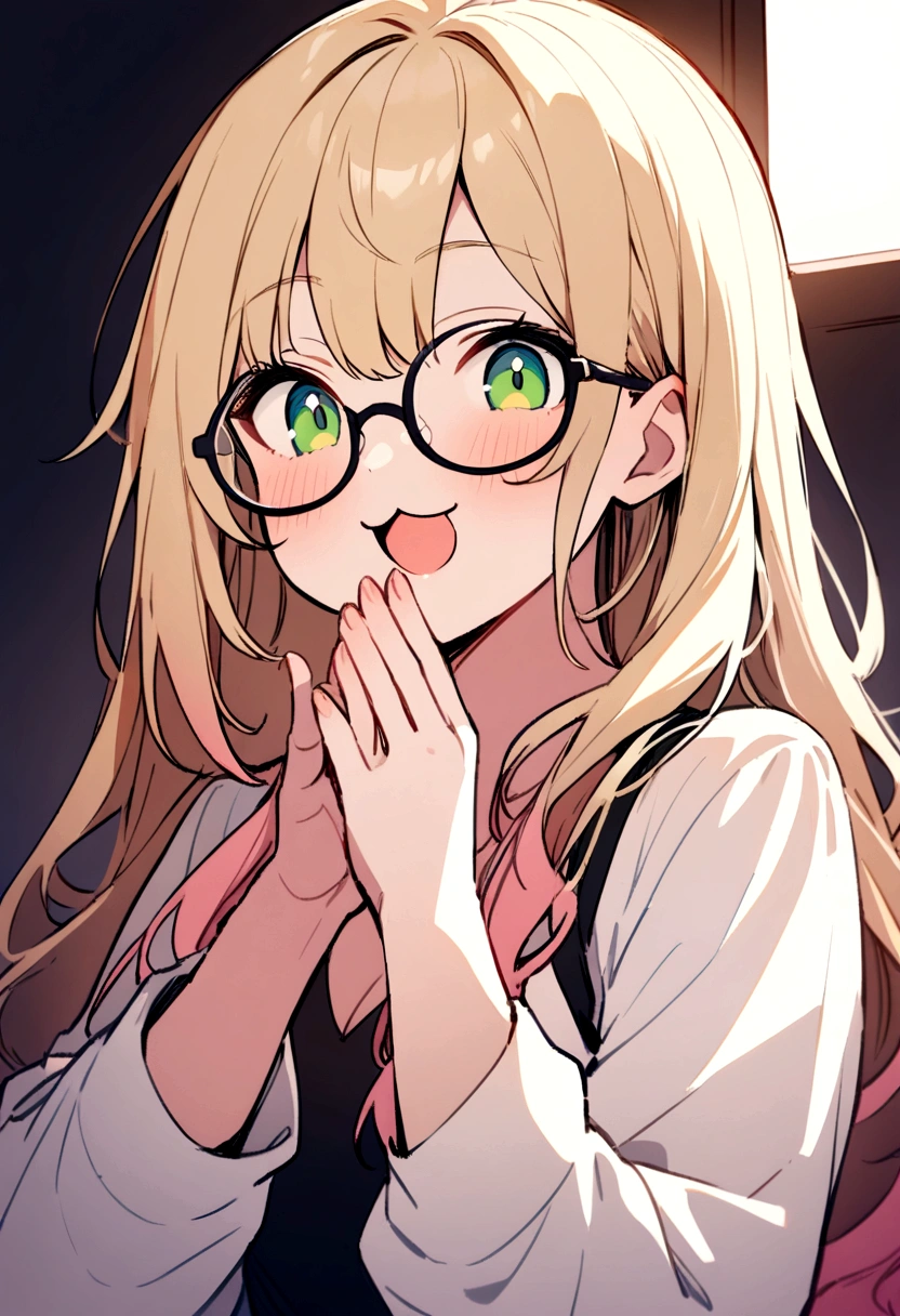 masterpiece,best quality,
, 1girl,long hair,very long hair,green eyes, sandy blonde hair, (pink hair:0.9),(multicolored hair:0.7),
, grin, :3, upper body, hand to own mouth,open mouth, glasses, pi