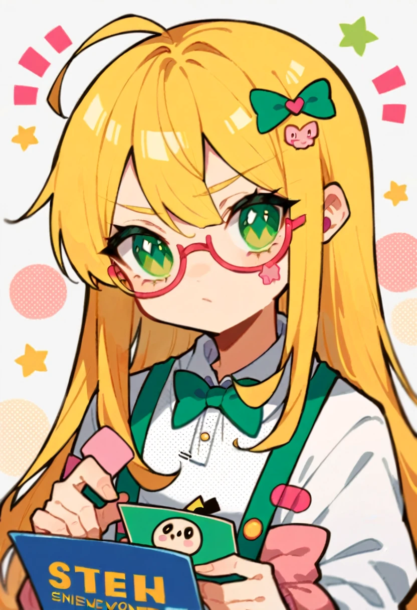 master, chief (twitch emote:1.3), chibi, (white|blonde long hair) , green eyes), yellow hair pin, white background, sticker,glasses, green eyes, pink bow, mischief, :3