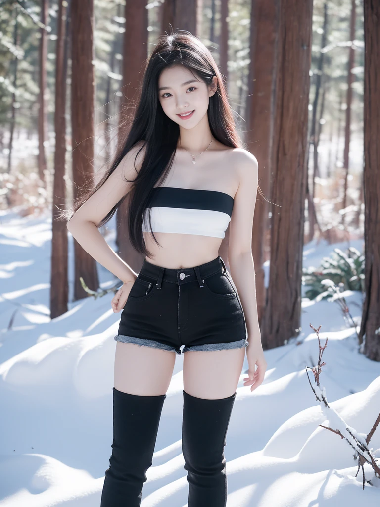 Korean woman teenage, smile, long black and pink hair, wear white strapless, hight cropped waist shirt Sleeveless, sleeveless. black denim short, Showing the skin of the legs, black boots, pose, in the snow in pine jungle forest,