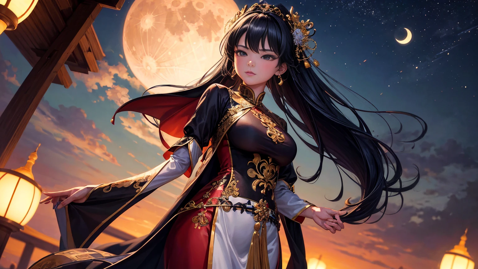 ((best quality)), ((masterpiece)), (detailed), an asian girl wears a large dark traditional vietnamese fashion dress stand on a beach at night and looking at the moon, anime, ultra realism, beautiful, epic, well painted, precise painted, painted by a professional digital artist, nice detailed, best quality, high resolution, 8k