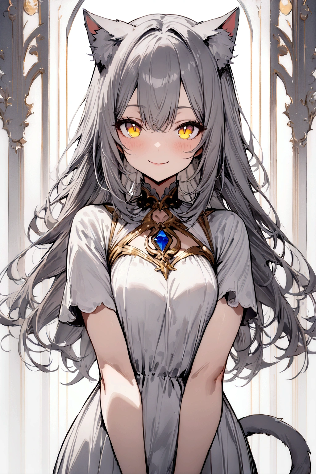 ((masterpiece)), ((best quality)), (from front), (half-body shot:1.36), perfect anatomy, 1girl, solo, cat girl, long gray straight hair, yellow round eyes, gray cat ears, gray fluffy cat tail, short-sleeved white dress, smiling, looking at viewers