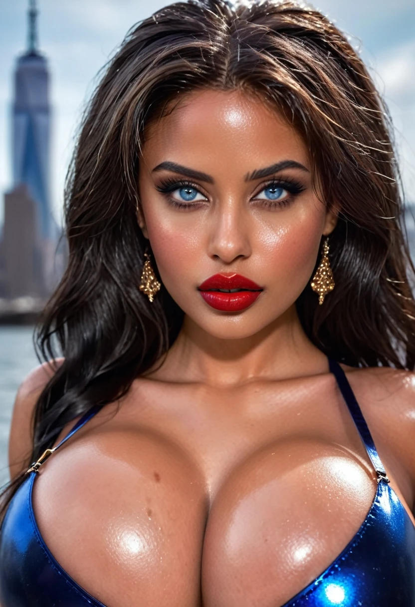 (muste piece, highest quality)((8k)),full body,super detailed,arab girl ,blue eyes,red lips ,photorealistic,dark bronze shiny skin,beautiful female mode,dark skin Black woman in red clothes from biblical times ,red bra, blue eyes,swety skin,wet tits,horny,new york ,wet skin , (shiny skin), she is wet and intimate, she has a submissive expression, direct eye contact, hyperrealistic, unreal engine 5,Suggested pose, 8K