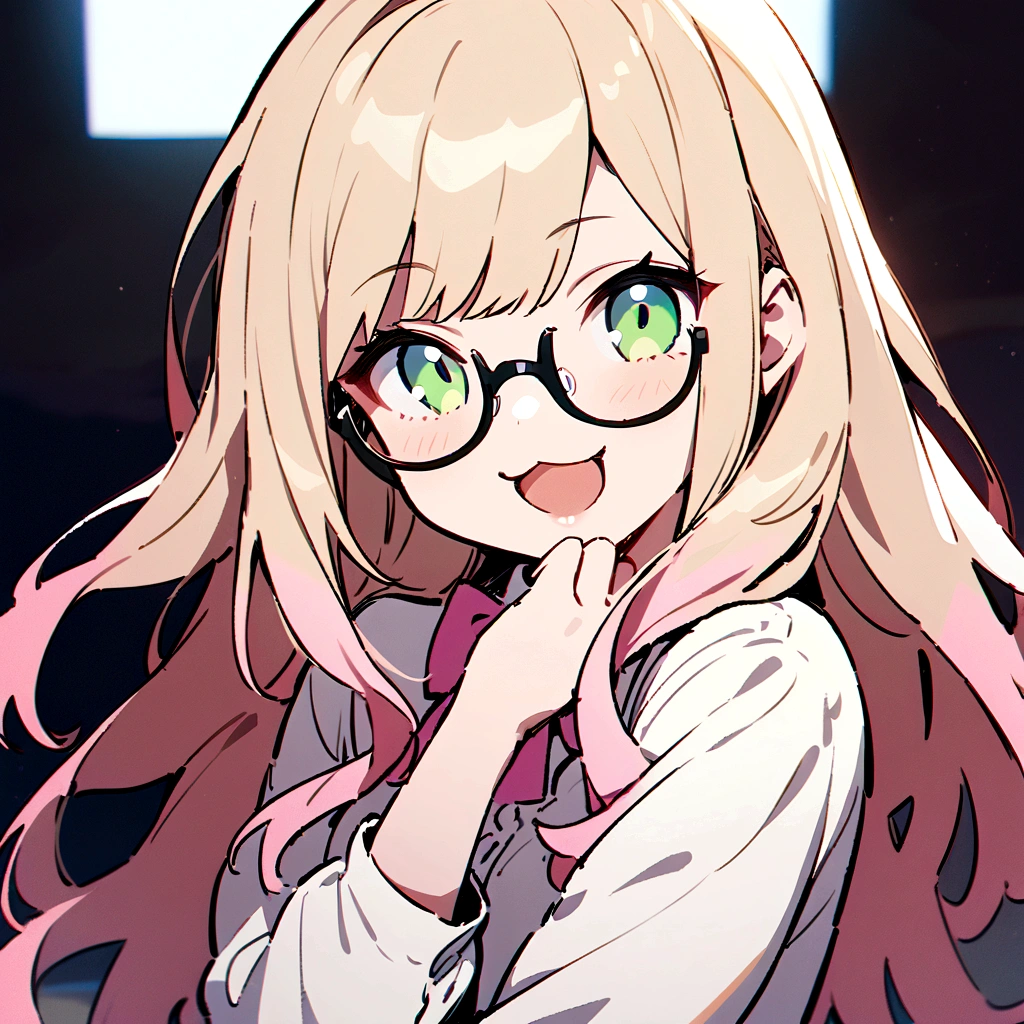masterpiece,best quality,
, 1girl,long hair,very long hair,green eyes, sandy blonde hair, (pink hair:0.9),(multicolored hair:0.7),
, grin, :3, upper body, hand to own mouth,open mouth, glasses, pink bow, chibi