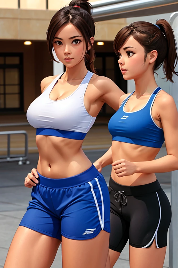 sports bra, running clothes, shorts, good shape, well endowed